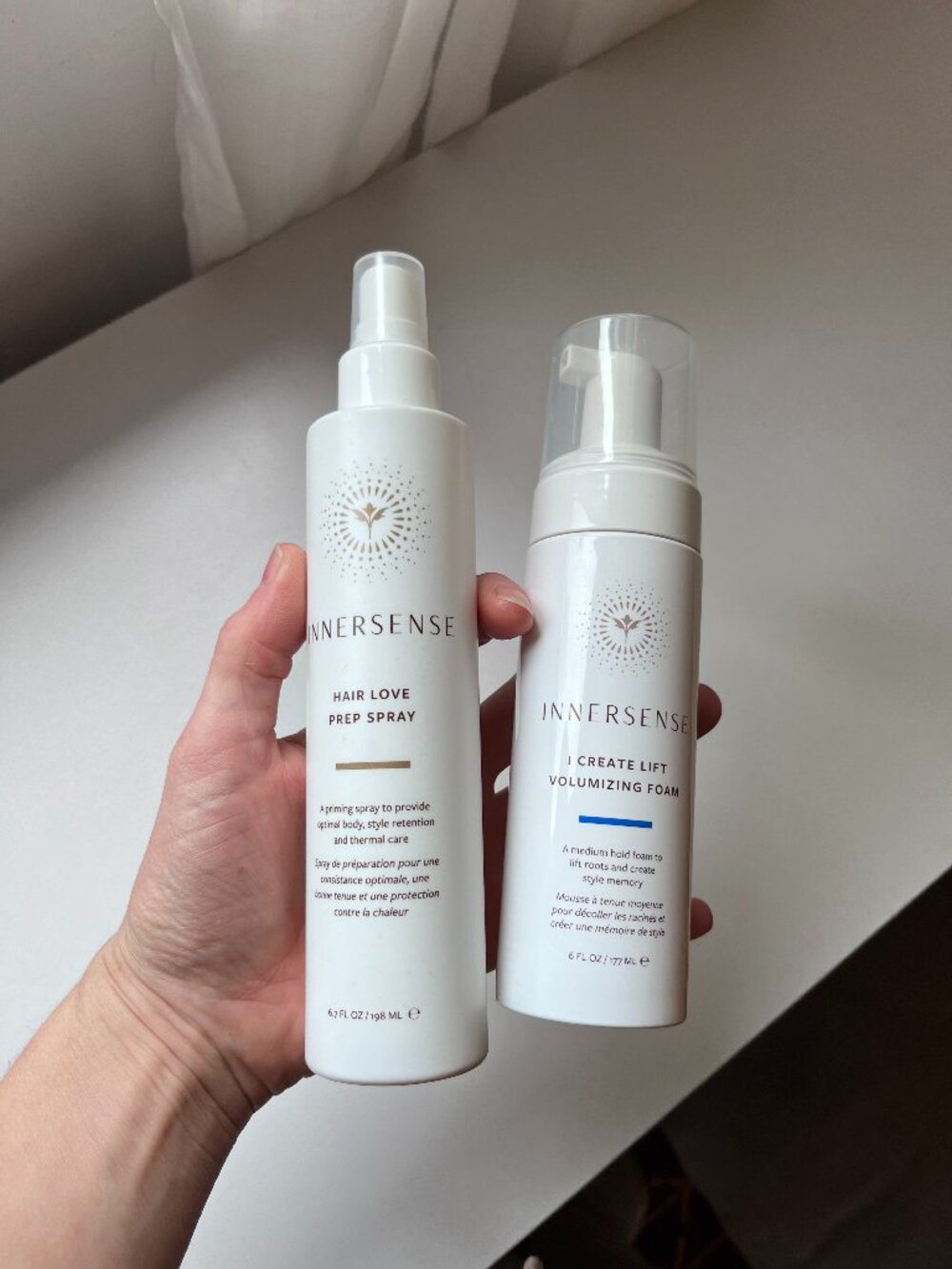 set of two innersense hair styling products - prep spray and volume foam